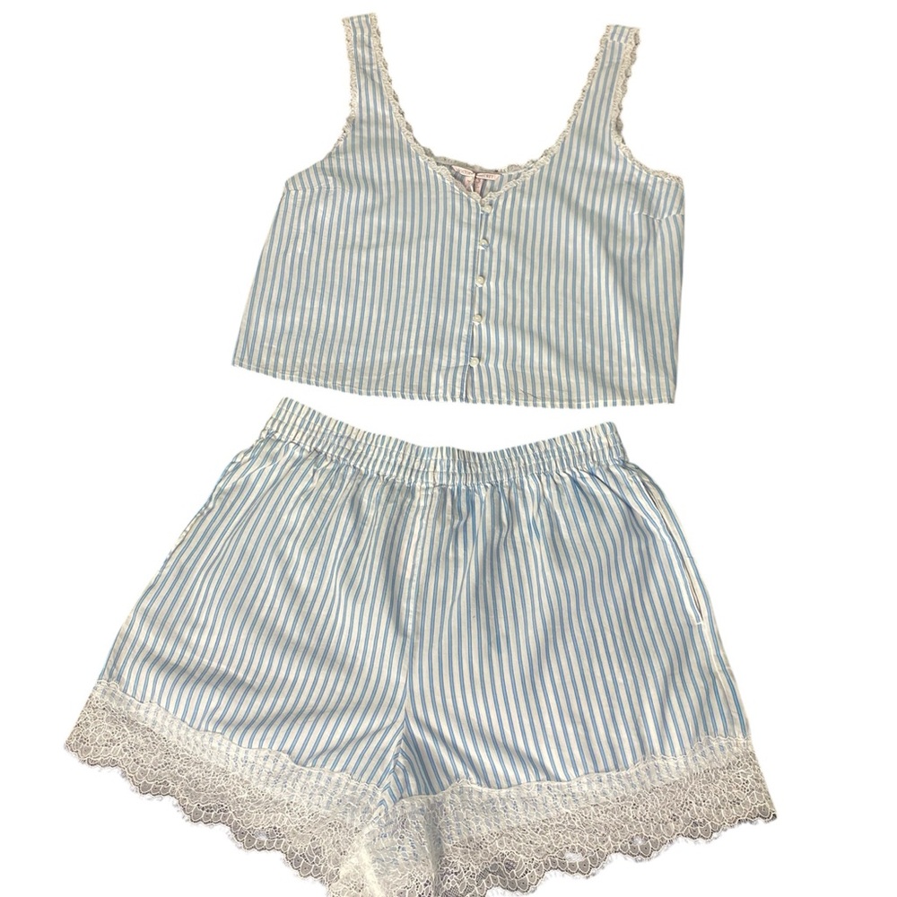 Victoria’s Secret Striped Blue and White Lace Trim Sleepwear Set Small & Medium